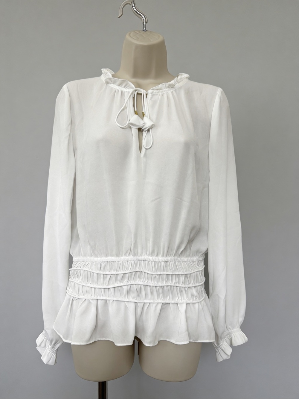 Socialite White Ruffle-Tie Smocked Waist Blouse